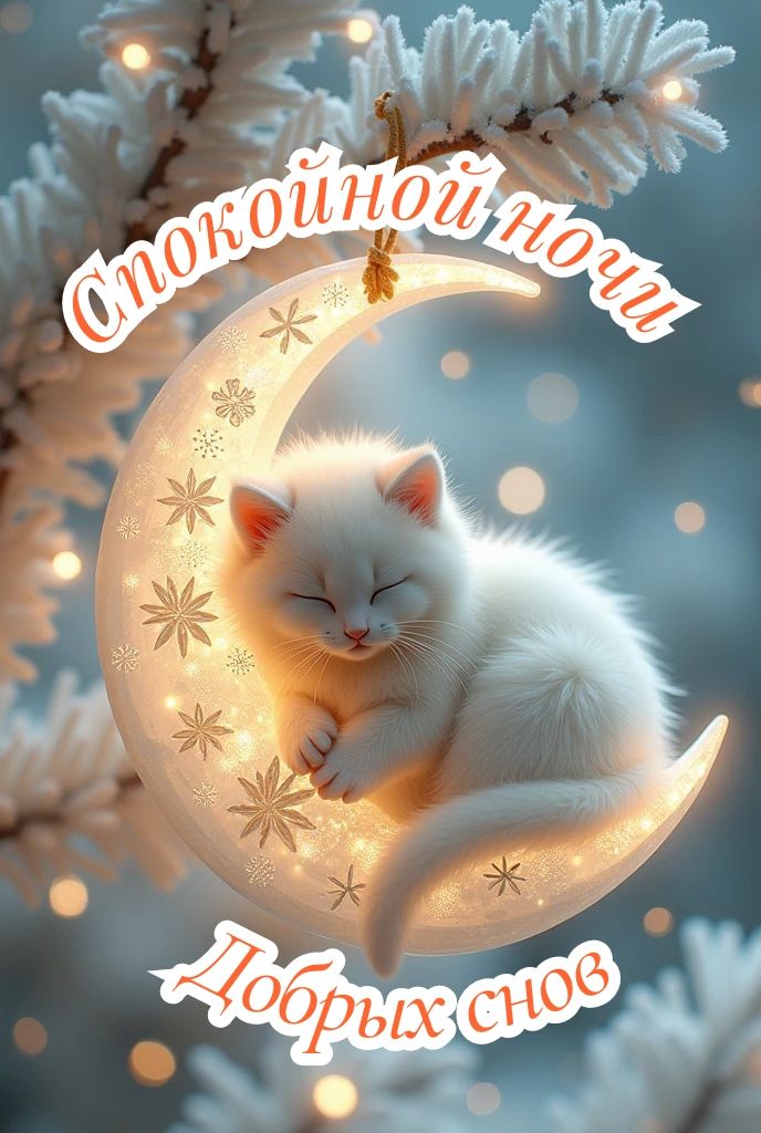 Открытка «Спокойной ночи»: Спокойной ночи и добрых снов: пушистый котенок на луне. Тэги: Спокойной ночи, с пожеланиями…