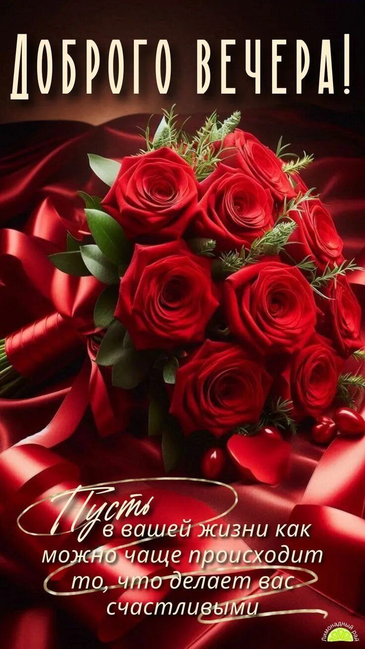 Открытка «Проза»: Добрый вечер: Красивый букет роз и пожелание счастья. Тэги: Добрый вечер и пожелания, Добрый вечер…