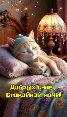 Открытка «Доброй ночи»: Спокойной ночи: «Сонные котики» в уютной кроватке.