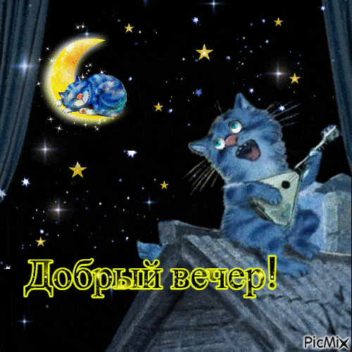 Открытка «Прикольный добрый вечер»: Добрый вечер: Мультяшный кот с гитарой. Тэги: Добыий вечер, гифки, Добрый вечер…