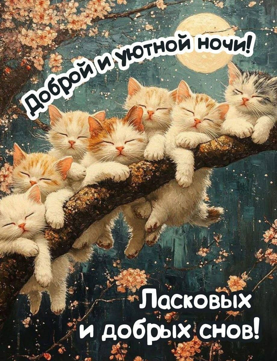 Открытка «Доброй ночи»: Доброй и уютной ночи: сонные котята на ветке.