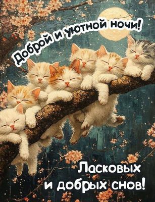 Открытка «Доброй ночи»: Доброй и уютной ночи: сонные котята на ветке. Тэги: пожелание, кот, рисунок, милый, добрый…
