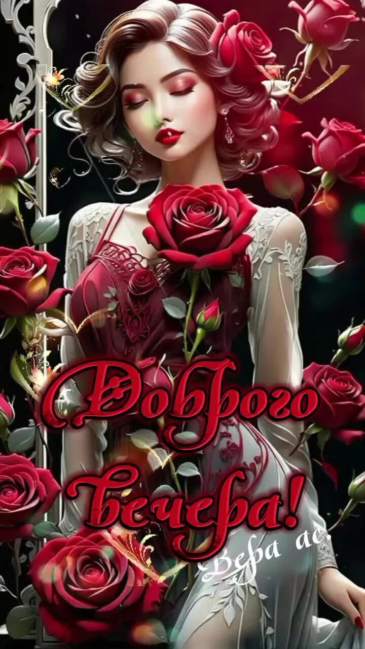 Открытка «Добрый вечер и пожелания»: Красивая открытка «Добрый вечер» с девушкой и розами. Тэги: Добрый вечер красивые…