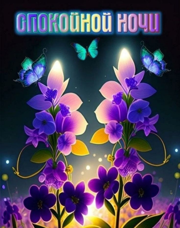 Открытка «Спокойной ночи»: Спокойной ночи: чудесные цветы и бабочки. Тэги: пожелание, красивый, цветок, бабочка, свет…