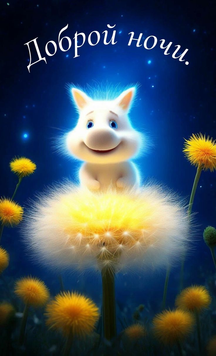 Открытка «Доброй ночи»: Милая открытка «Доброй ночи» с белым котом.