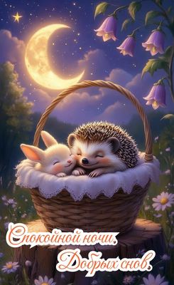 Открытка «Доброй ночи»: Спокойной ночи: Милый сон ежика и зайца в корзине. Тэги: Спокойной ночи, Спокойной ночи…