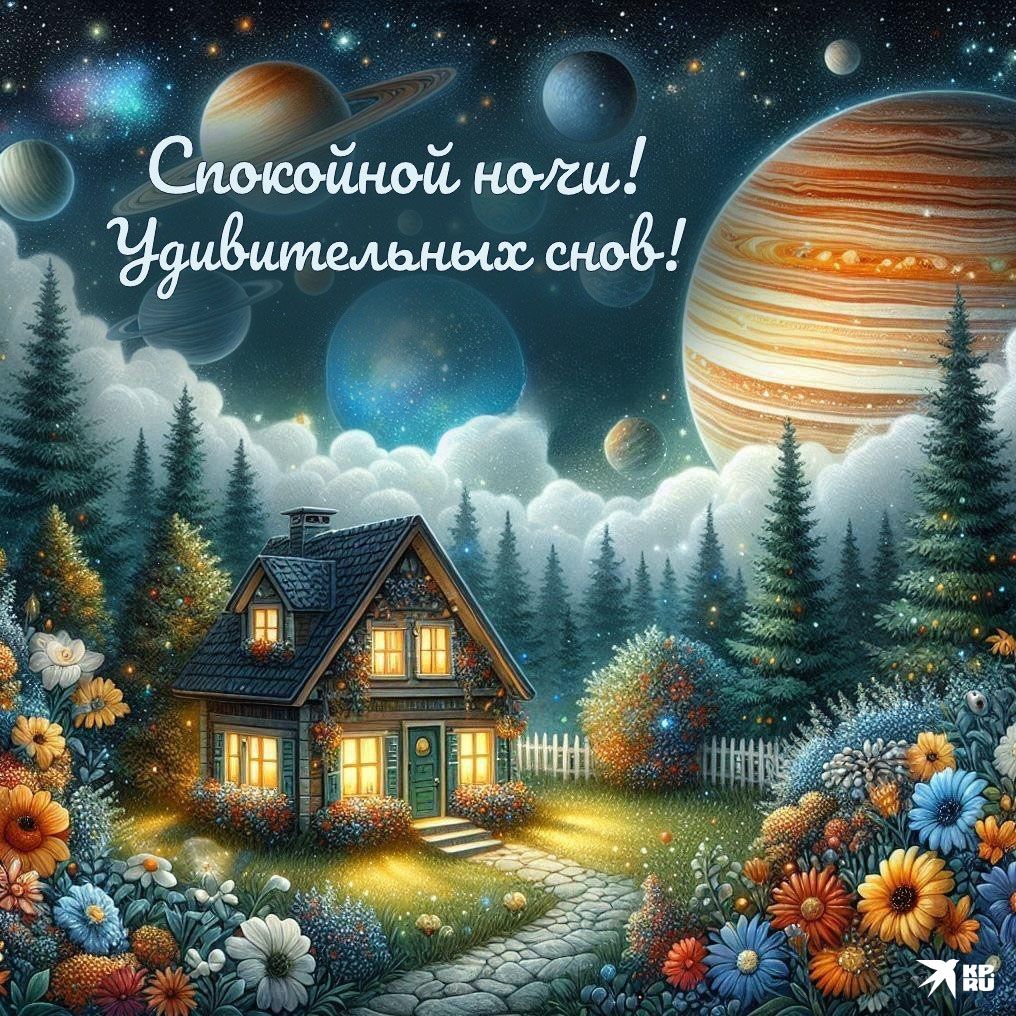 Открытка «Доброй ночи»: Спокойной ночи: Волшебный домик на фоне планет.