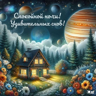 Открытка «Доброй ночи»: Спокойной ночи: Волшебный домик на фоне планет.