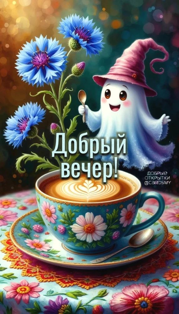 Открытка «Пожелание»: Добрый вечер: уютное пожелание с милым привидением и кофе. Тэги: кофе, милый, чашка, уютный…