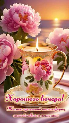 Открытка «Добрый вечер и пожелания»: Добрый вечер: «Нежный пион» в чашке на закате. Тэги: Добрый вечер красивые…