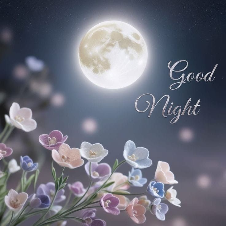 Открытка «Доброй ночи»: Доброй ночи: нежные цветы на фоне луны.