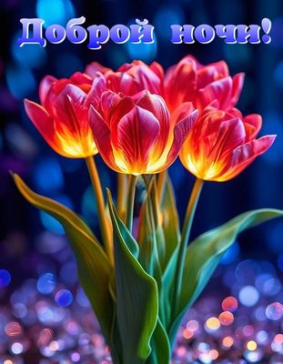 Открытка «Доброй ночи»: Доброй ночи: Светящиеся тюльпаны на ночном фоне.