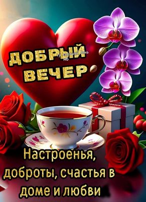 Открытка «Пожелание»: Добрый вечер: пожелание с сердцем, чаем и цветами. Тэги: настроение, сердце, чай, чашка, красив…