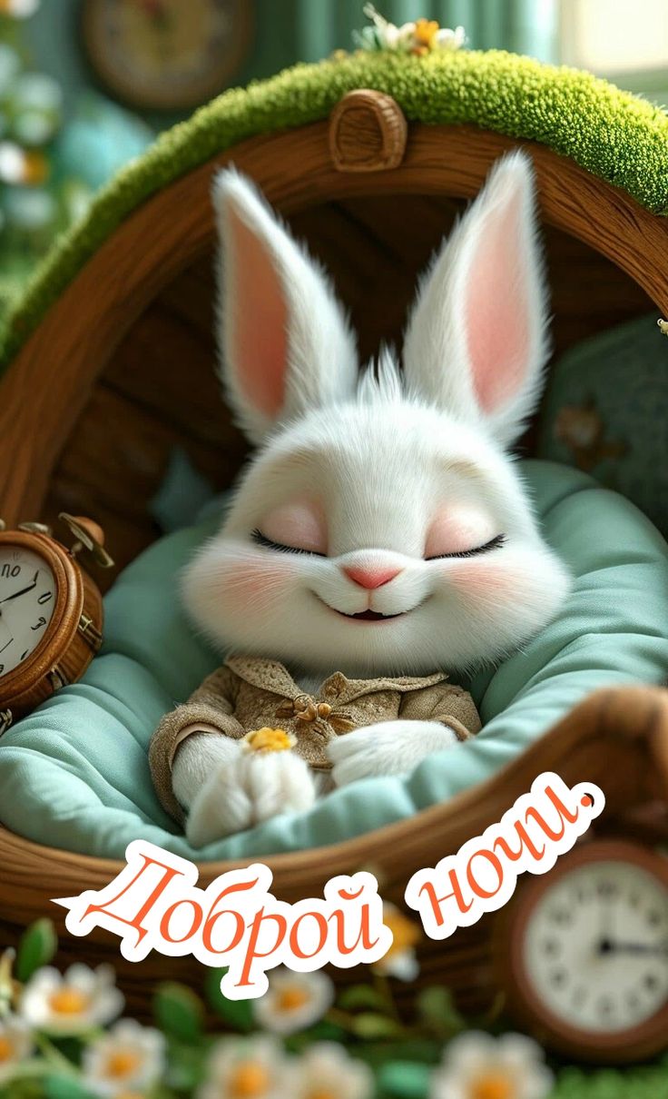 Открытка «Доброй ночи»: Доброй ночи: уютный зайка спит в грибке.