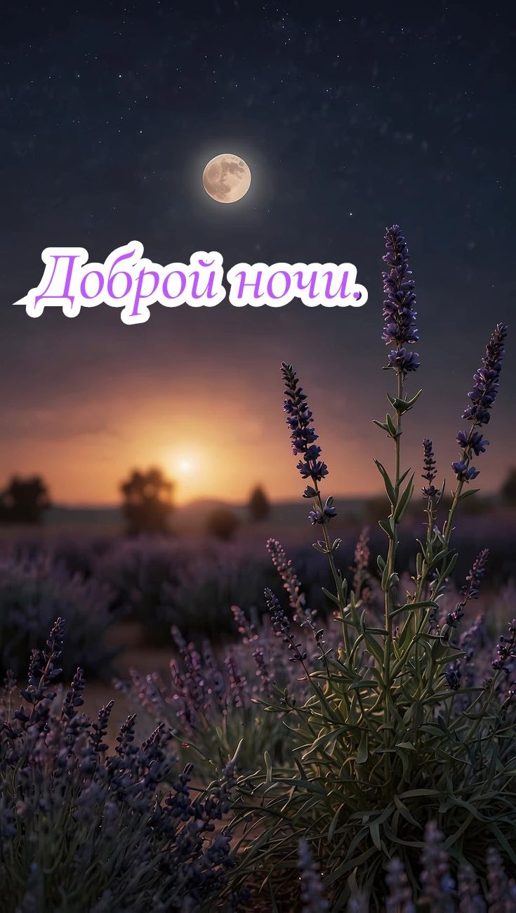 Открытка «Доброй ночи»: Доброй ночи: Лавандовое поле и луна.