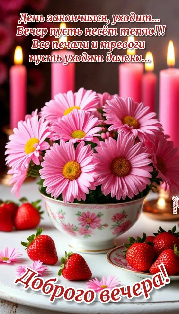 Открытка «Добрый вечер и пожелания»: Добрый вечер: Теплое пожелание с цветами и свечами. Тэги: Добрый вечер красивые…