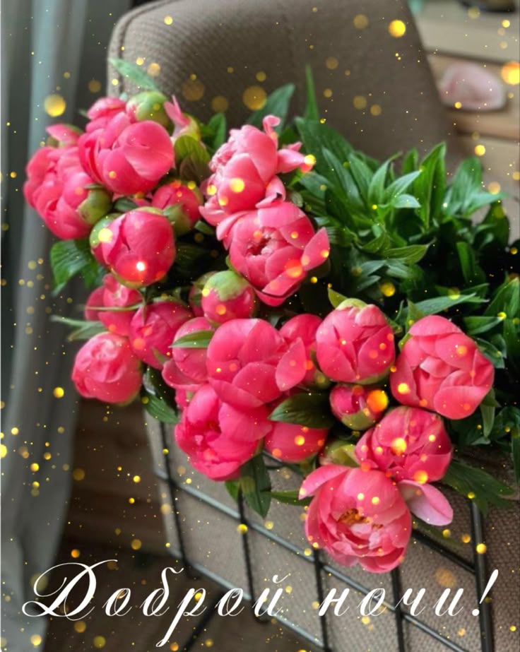 Открытка «Доброй ночи»: Открытка «Доброй ночи!»: Розовые пионы.