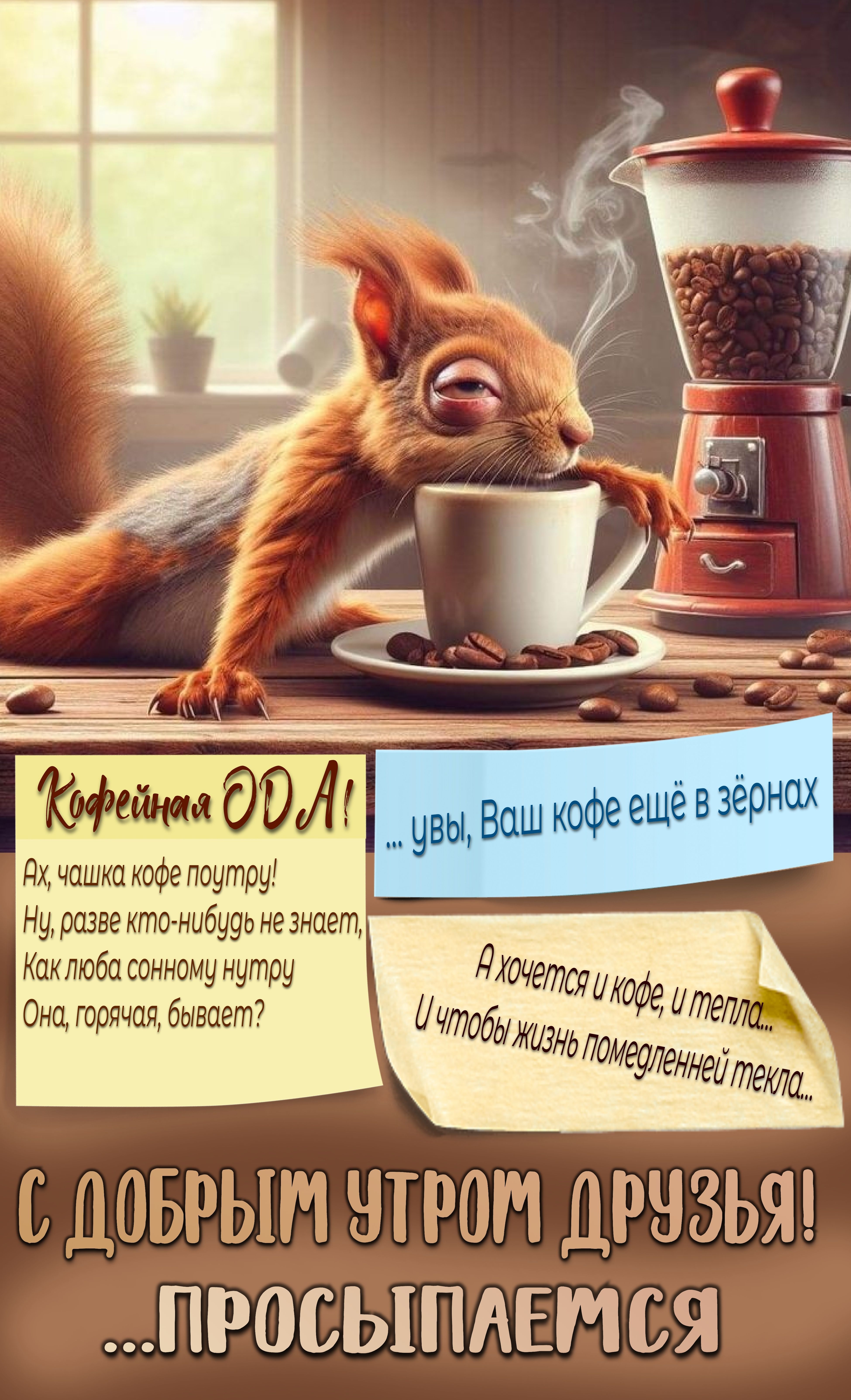 Открытка «С добрым утром»: С добрым утром! Сонная белка, кофе и тепло.. Тэги: животное, пожелание, позитивная, юмор…