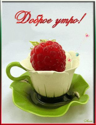 Открытка «С добрым утром»: Доброе утро! Малиновая свежесть в чашке. Тэги: пожелание, утро, позитив, цветок, чай…