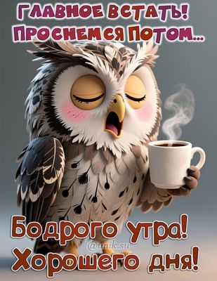 Открытка «С добрым утром»: Бодрого утра от сонной совы: Главное встать!. Тэги: животное, пожелание, позитивная, юмор…