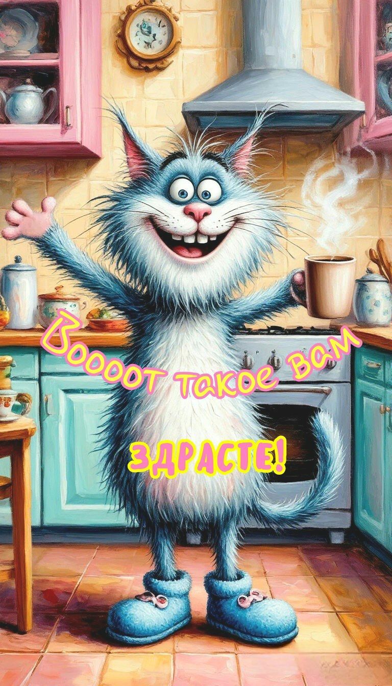 Открытка «С добрым утром»: Пушистое доброе утро с большим 'Здрасте!'. Тэги: хорошего дня, кот, животное, пожелание…