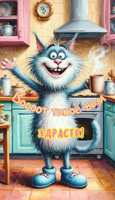 Открытка «С добрым утром»: Пушистое доброе утро с большим 'Здрасте!'. Тэги: хорошего дня, кот, животное, пожелание…