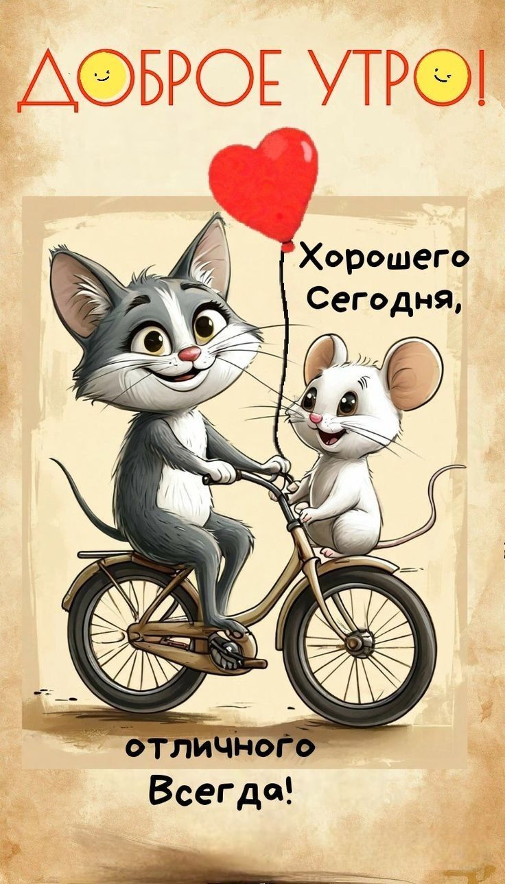 Открытка «С добрым утром»: Доброе утро: кот и мышка на велосипеде. Тэги: кот, животное, пожелание, позитивная, хороше…