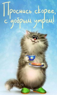 Открытка «С добрым утром»: Доброе утро от пушистого котика с завтраком. Тэги: кот, животное, пожелание, позитивная…