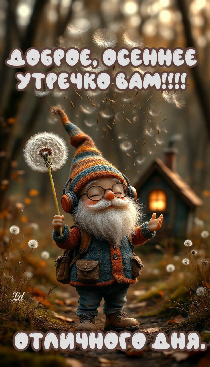 Открытка «С добрым утром»: Доброе осеннее утро! Отличного дня с милым гномом. Тэги: пожелание, хорошего дня, отличное…