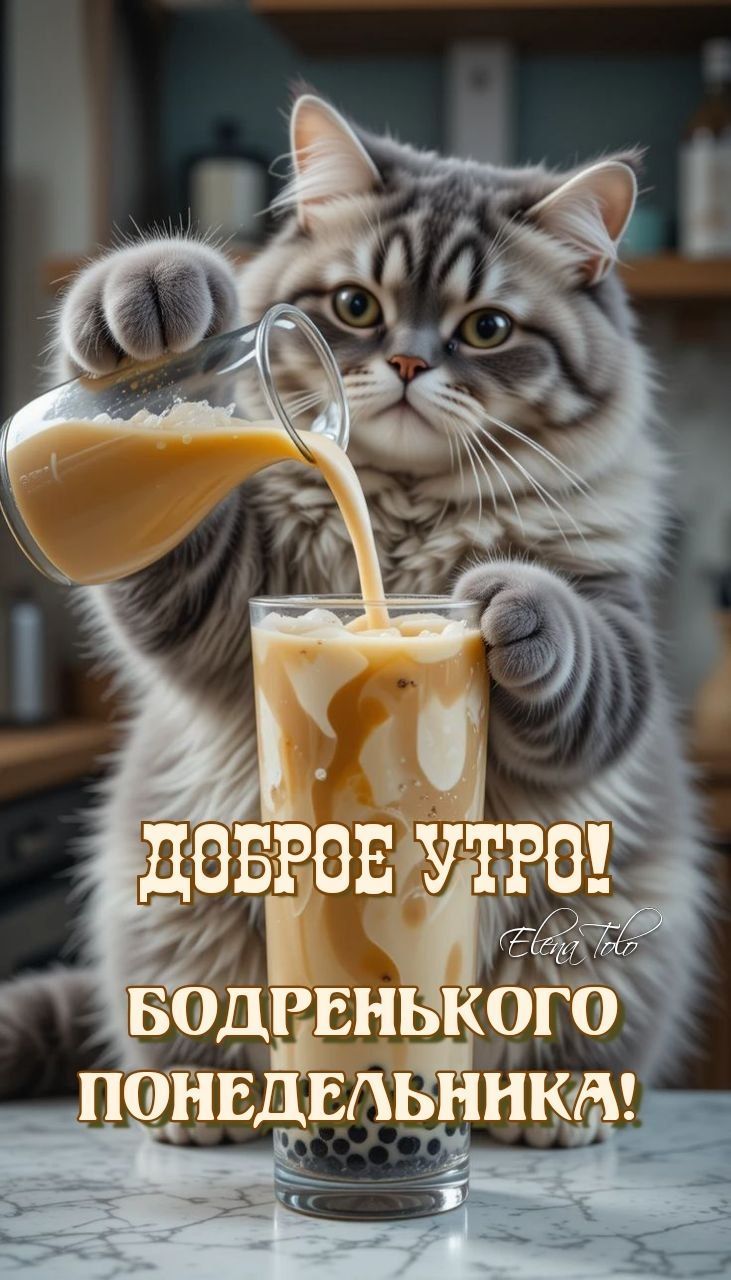 Открытка «С добрым утром»: Пушистый бариста желает бодрого понедельника!. Тэги: кот, животное, пожелание, позитивная…