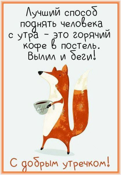 Открытка «С добрым утром»: Кофейный секрет бодрого утра от лисы. Тэги: животное, пожелание, юмор, утро, кофе, позитив…
