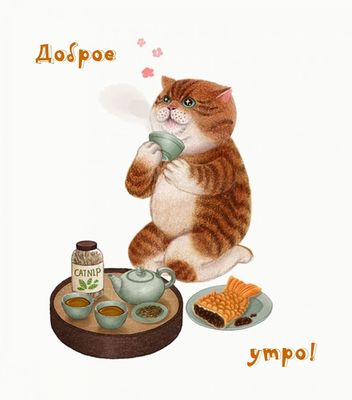 Открытка «С добрым утром»: Доброе утро! Уютный чай с пушистым другом. Тэги: кот, животное, пожелание, позитивная, утро…