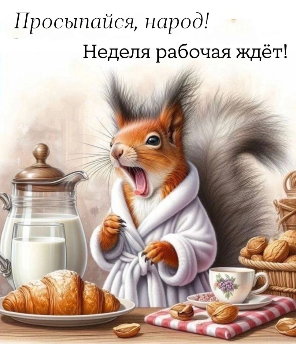 Открытка «С добрым утром»: С добрым утром! Белка зовет на рабочую неделю!. Тэги: хорошего дня, животное, пожелание…