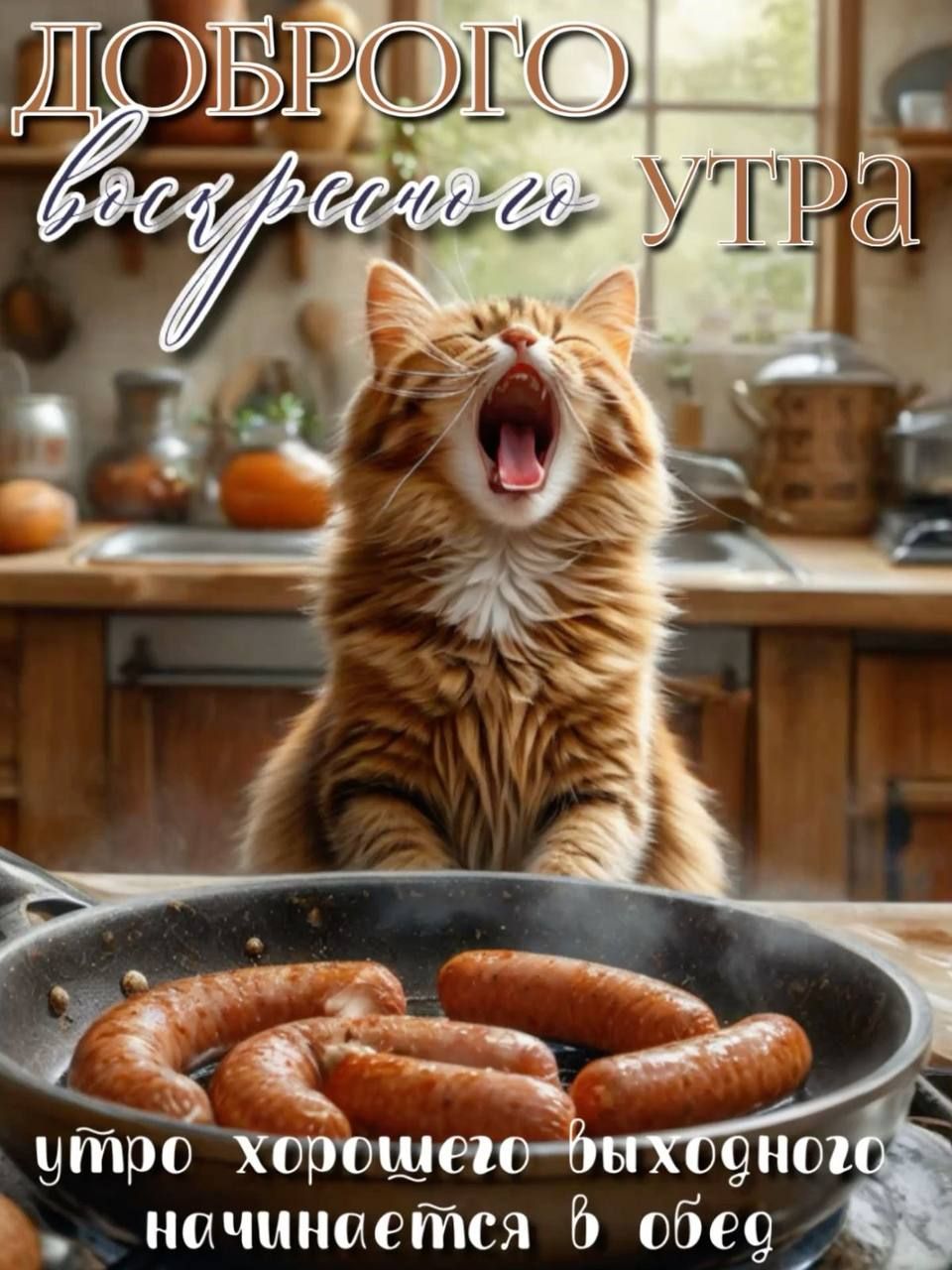 Открытка «С добрым утром»: С добрым воскресным! Утро начинается в обед. Тэги: кот, животное, пожелание, позитивная…