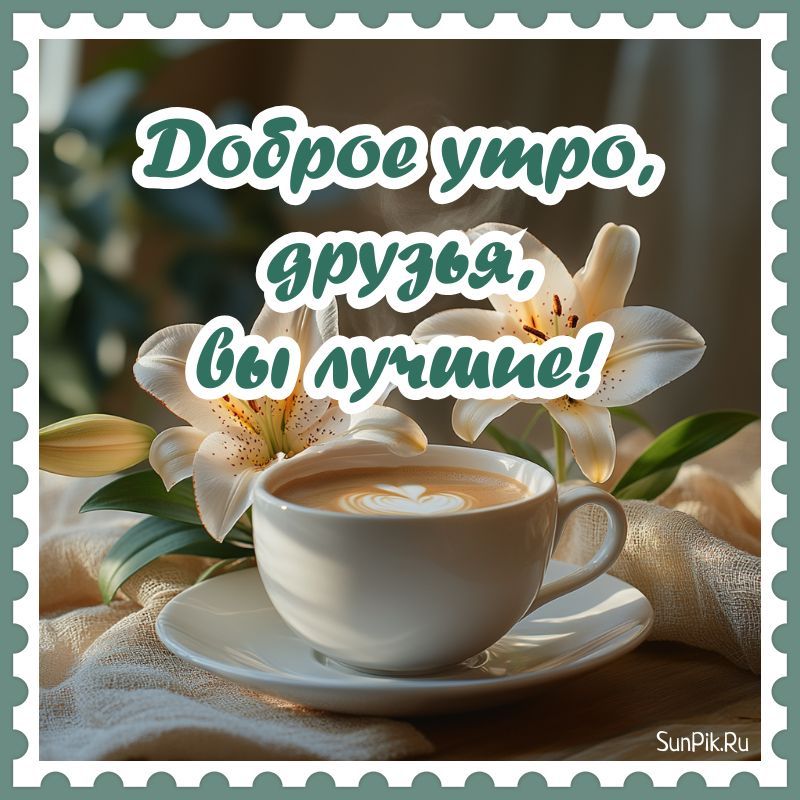 Открытка «С добрым утром»: Доброе утро, друзья! Кофе и нежные лилии. Тэги: пожелание, позитивная, отличное настроение…