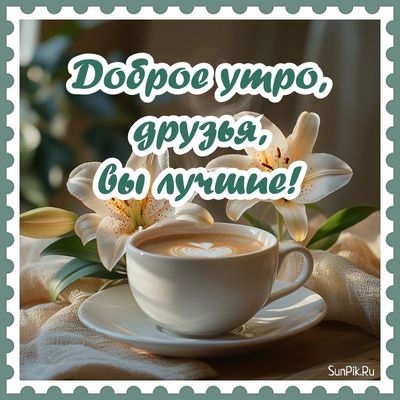 Открытка «С добрым утром»: Доброе утро, друзья! Кофе и нежные лилии. Тэги: пожелание, позитивная, отличное настроение…