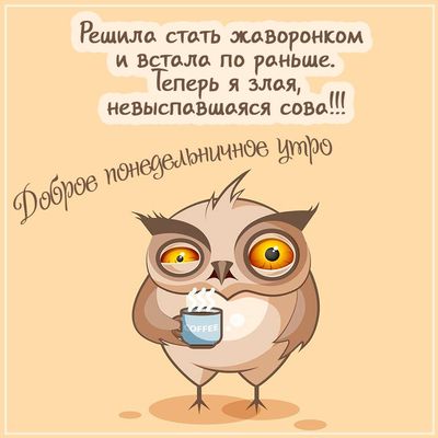 Открытка «С добрым утром»: Злая сова и кофе: доброе понедельничное утро!. Тэги: животное, пожелание, позитивная, юмор…