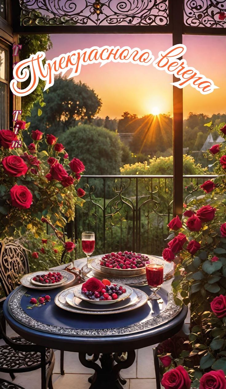 Открытка «Добрый вечер и пожелания»: Прекрасный вечер: Романтический ужин на балконе. Тэги: Доброго, прекрасного вече…