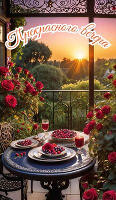 Открытка «Добрый вечер и пожелания»: Прекрасный вечер: Романтический ужин на балконе. Тэги: Доброго, прекрасного вече…
