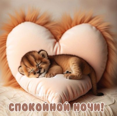 Открытка «Спокойной ночи»: Спокойной ночи: милый тигренок спит на подушке-сердце. Тэги: Спокойной ночи, красивые…