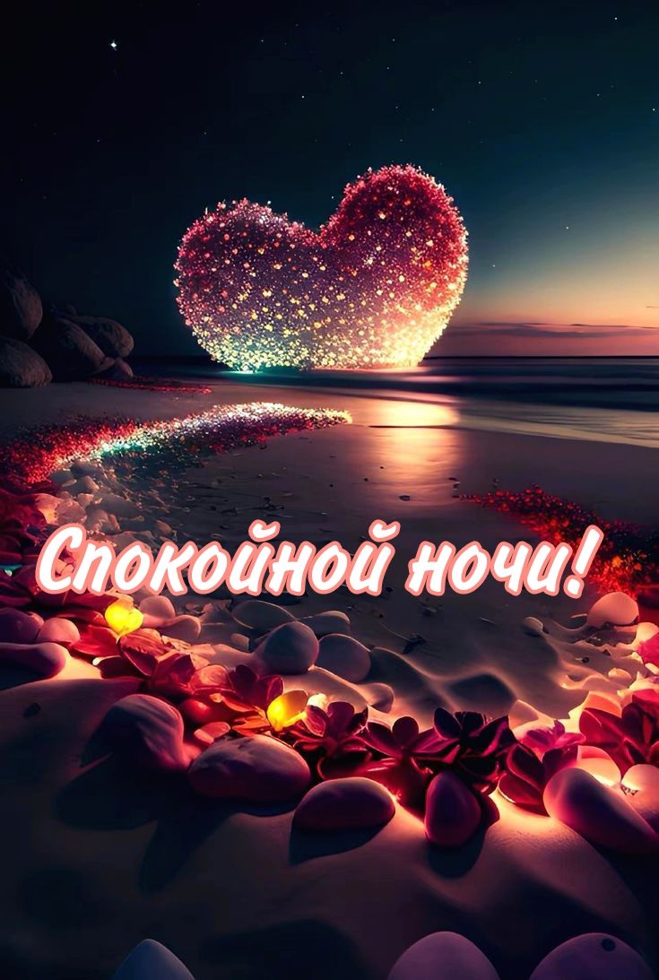 Открытка «Спокойной ночи»: Спокойной ночи: Романтическое сердце на пляже. Тэги: пожелание, надпись, сердце, красивый…