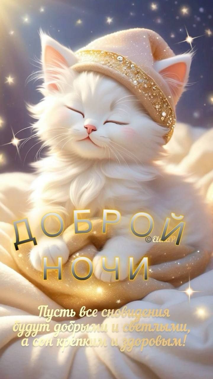 Открытка «Доброй ночи»: Доброй ночи: милый белый котенок и звездное небо.