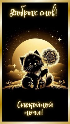 Открытка «Спокойной ночи»: Спокойной ночи: милый черный кот с одуванчиком. Тэги: Спокойной ночи, красивые, Спокойной…