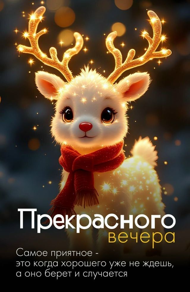 Открытка «Добрый вечер и пожелания»: Доброго вечера: милый олененок и волшебное настроение. Тэги: Добрый вечер красив…