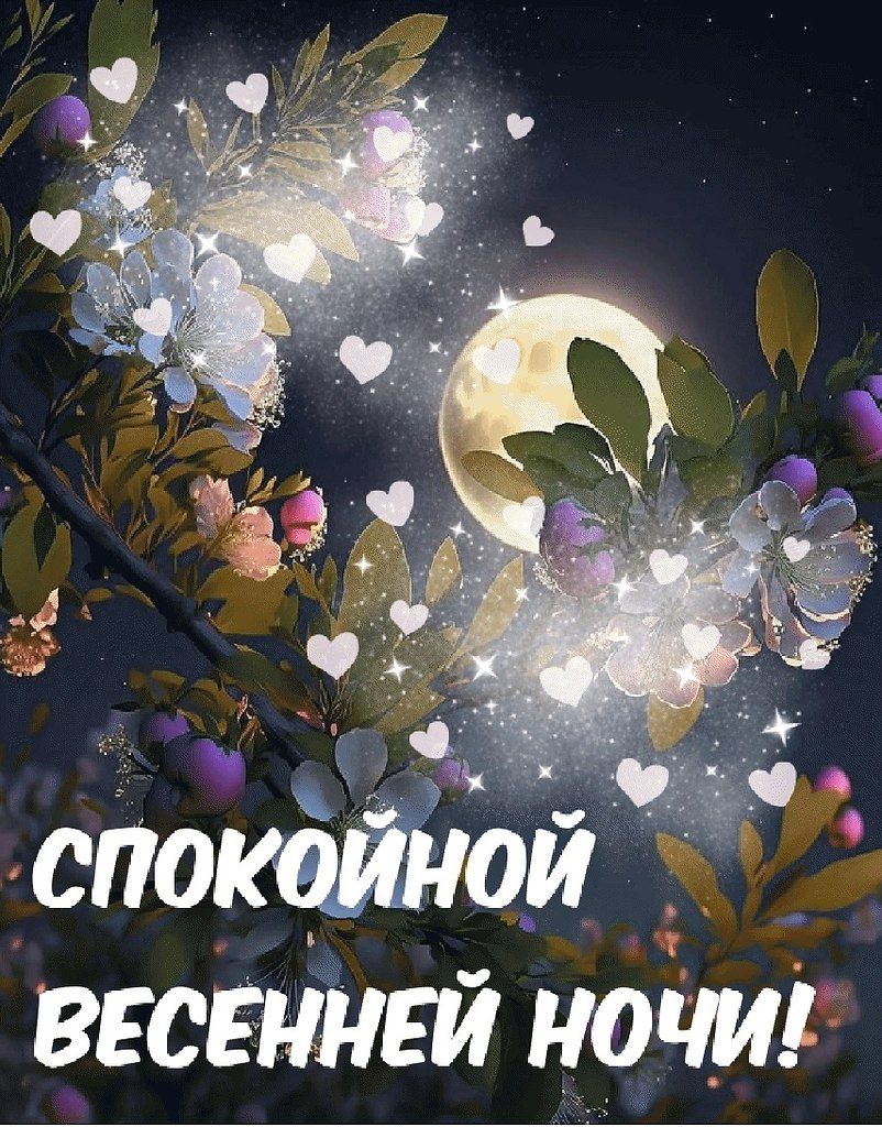 Открытка «Доброй ночи»: Доброй ночи: «Романтичный весенний пейзаж» с луной.