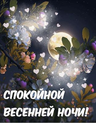 Открытка «Доброй ночи»: Доброй ночи: «Романтичный весенний пейзаж» с луной.