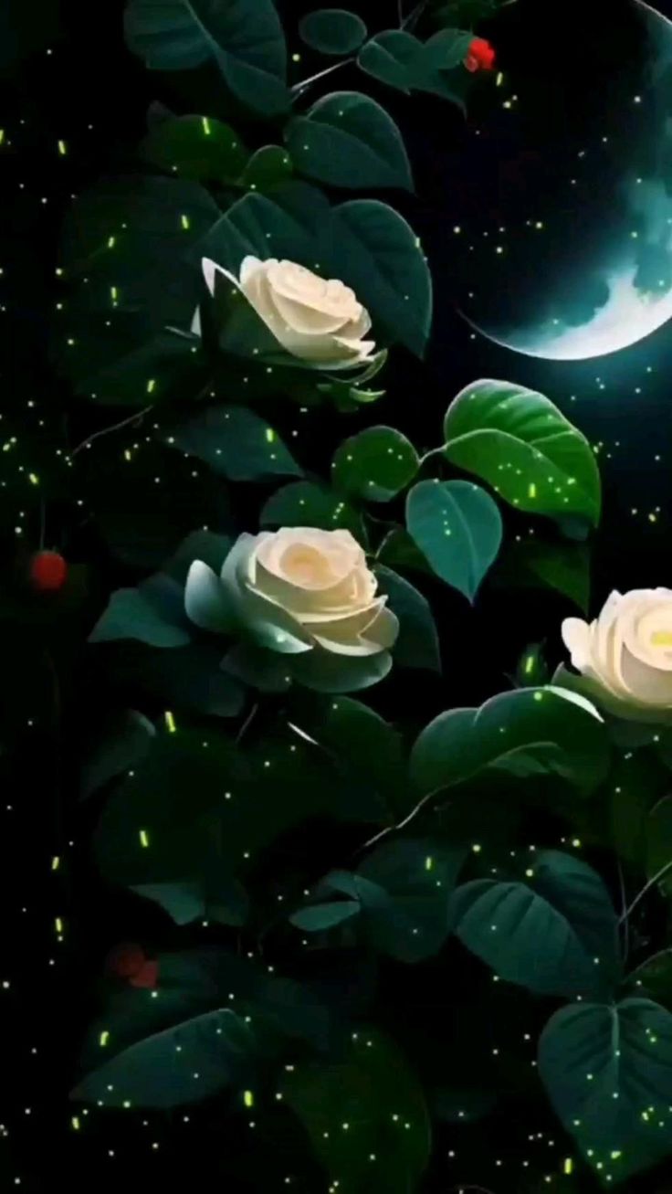 Открытка «Доброй ночи»: Доброй ночи: волшебство белых роз и луны.