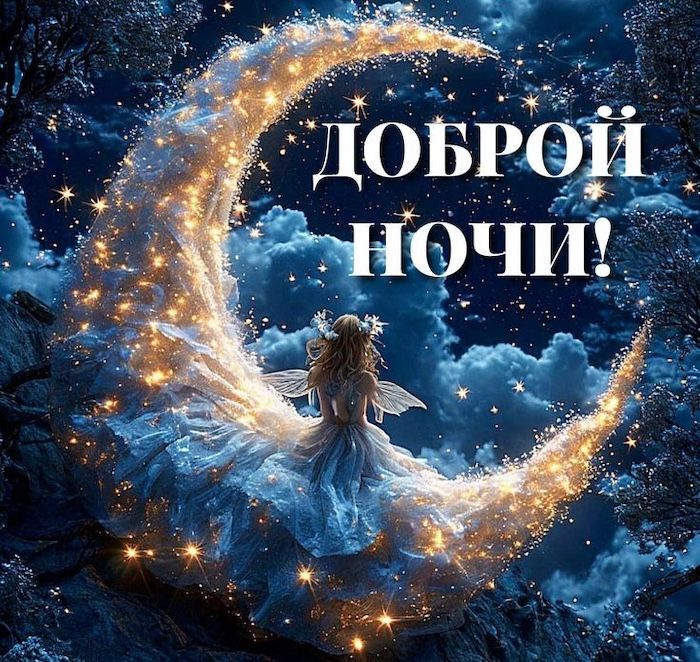 Открытка «Доброй ночи»: Доброй ночи: Сказочная фея на сияющем серпе луны.