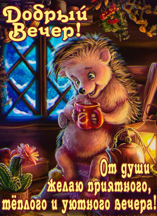 Открытка «Добрый вечер и пожелания»: Добрый вечер: душевное пожелание с милым ежом. Тэги: Доброго, прекрасного вечера…