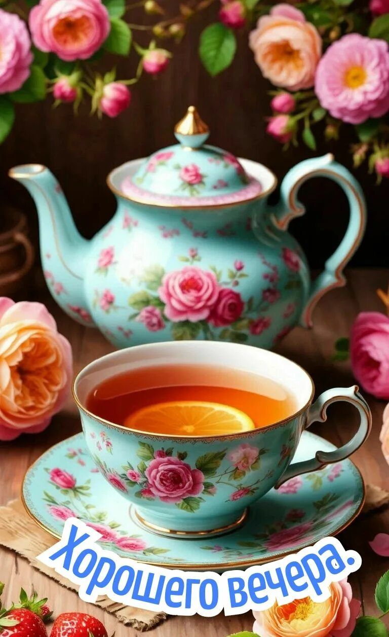 Открытка «Добрый вечер и пожелания»: Добрый вечер: Чай с розами и клубникой. Тэги: Добрый вечер красивые, Доброго веч…